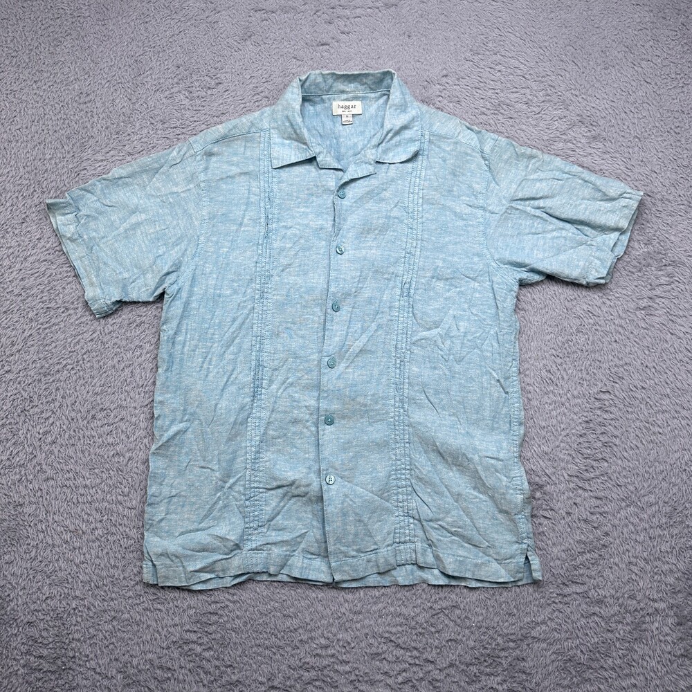 Linen Shirt Mens M Light Blue Short Sleeve Button Haggar